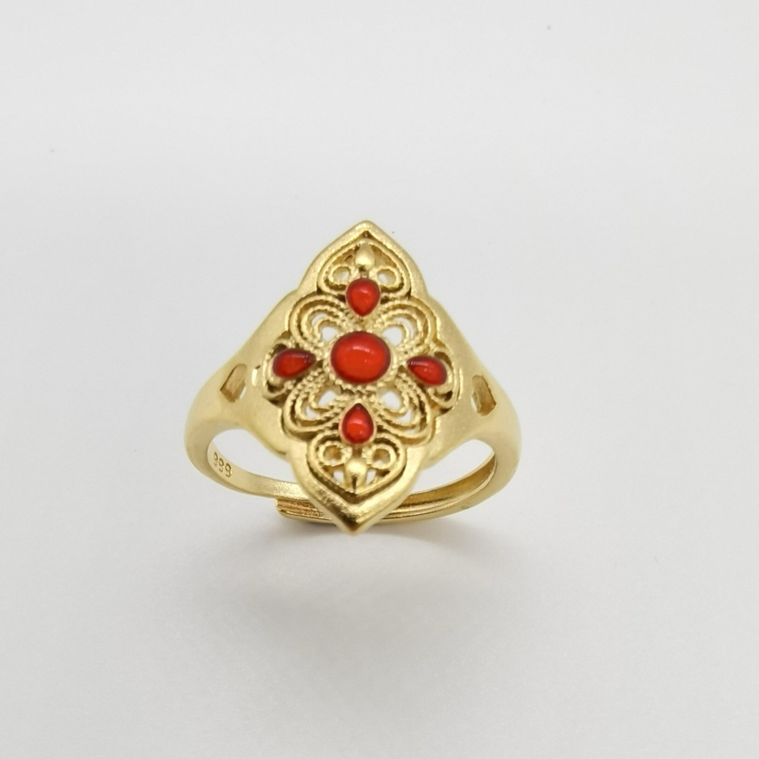 Alluvial gold ancient method enamel vacuum electroplating 24K gold palace style hollow ring
