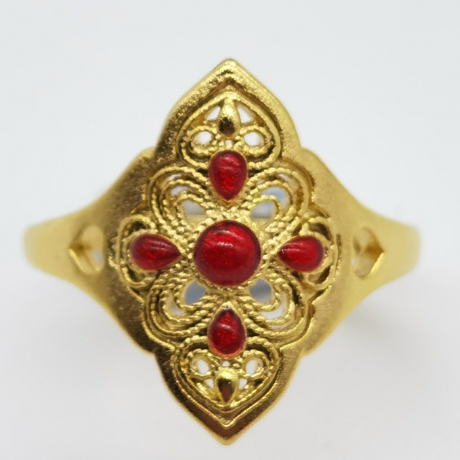 Alluvial gold ancient method enamel vacuum electroplating 24K gold palace style hollow ring
